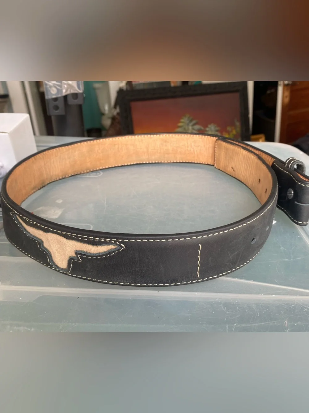 Longhorn laser-cut inlay  Hechoen Mexico Western Belt ~ Black Men’s Size 34